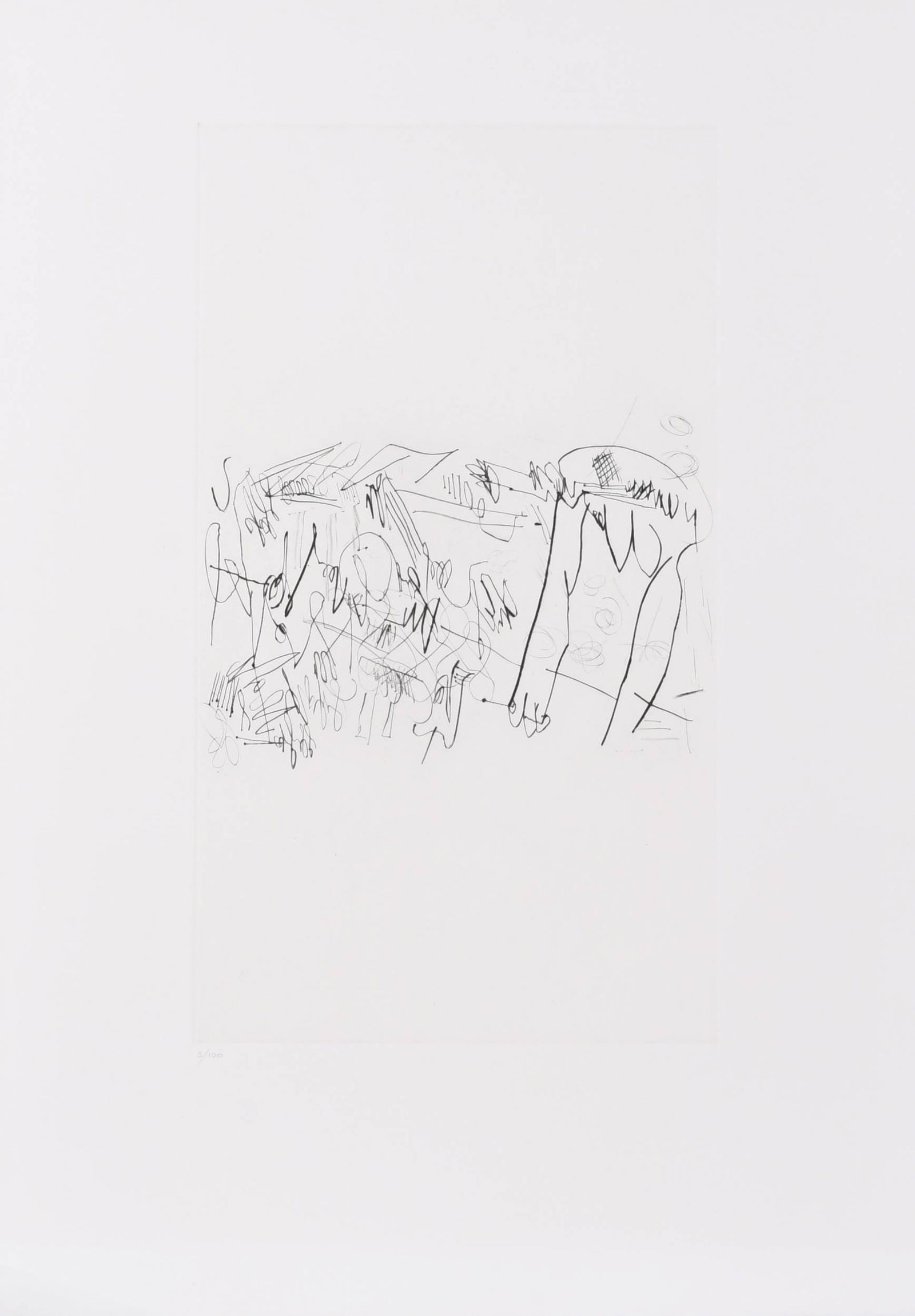 MANOLO MILLARES (1926-1972). Untitled, 1970.: Scratched proof of an original drypoint that the artist printed in the intaglio workshop of Editorial Gustavo Gili, S.A. Unsigned and numbered in pencil, 3/100. With certificate signed by Elvireta Mil