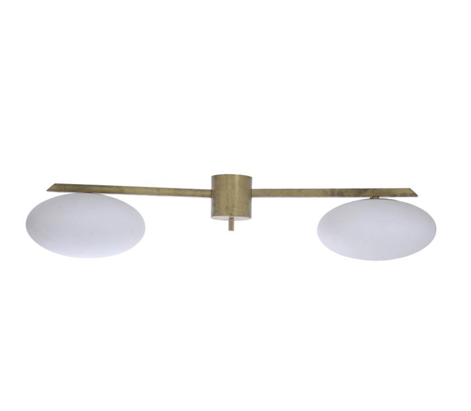 AFTER MODELS BY ANGELO LELLI (1911 - 1979) FOR ARREDOLUCE. ITALIAN CEILING LAMP, CIRCA 1990 - 2000.: Gilt brass and opaline. 100 x 30 cm.