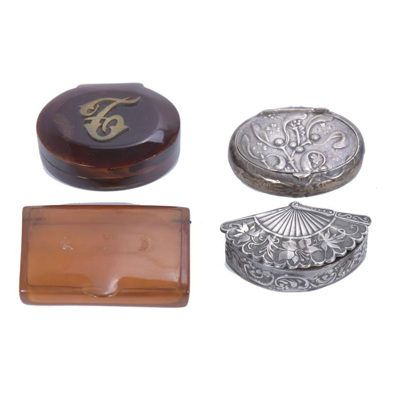 FOUR ASSORTED PILLBOXES: Various materials and shapes.