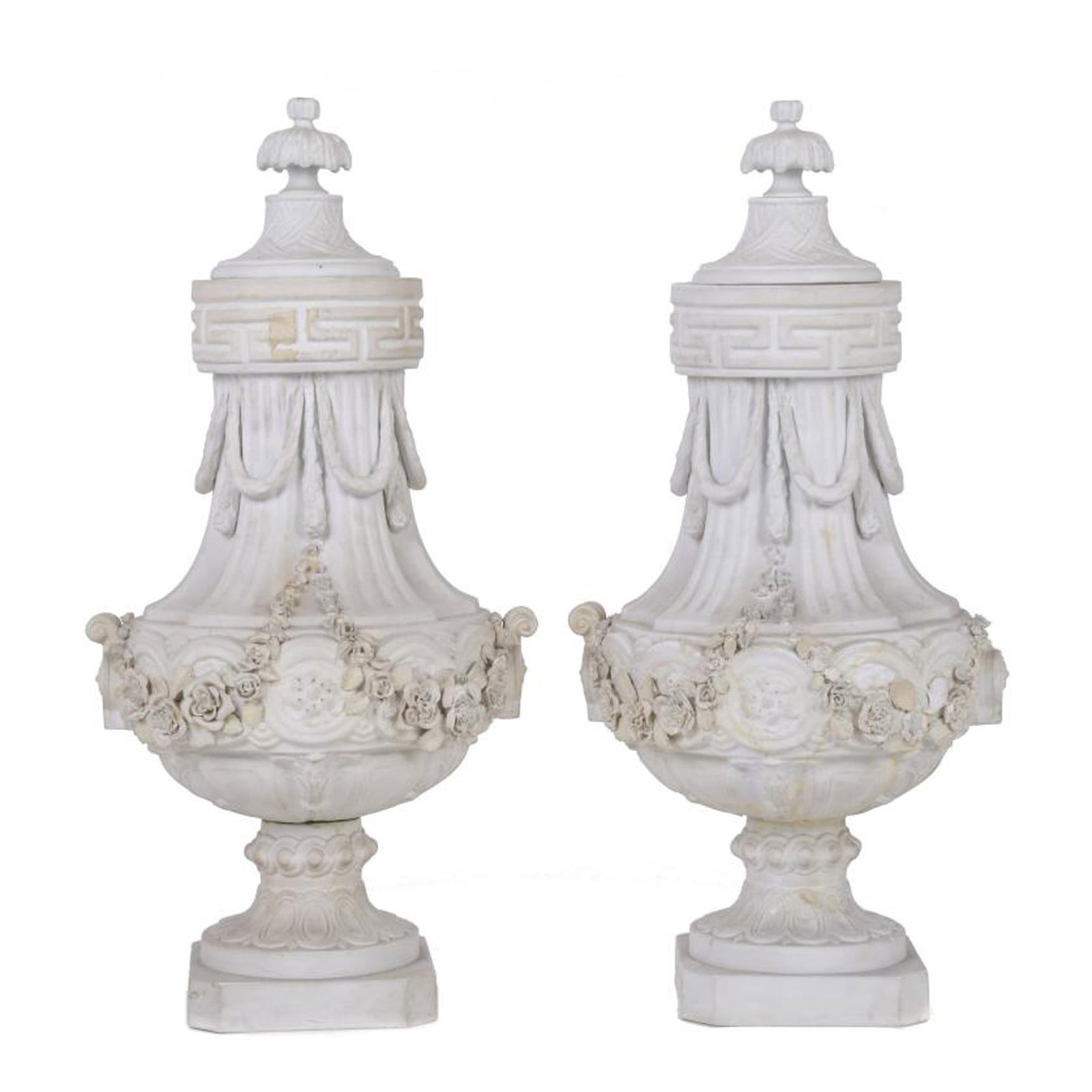 PAIR OF BISCUIT PORCELAIN VASES, AFTER SÈVRES MODELS, 20TH CENTURY.: Biscuit porcelain. With marks on the base. Severe damage, as well as losses and restorations. 54.5 x 26 x 23 cm.