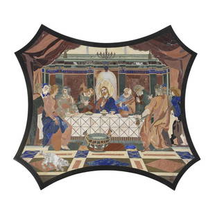 PLAQUE OF THE LAST SUPPER IN HARD STONE, 20TH CENTURY.: Hard stone in mosaic forming a scene of the Last Supper.Based on paintings by Leonardo da Vinci and Juan de Juanes.51x57 cm.