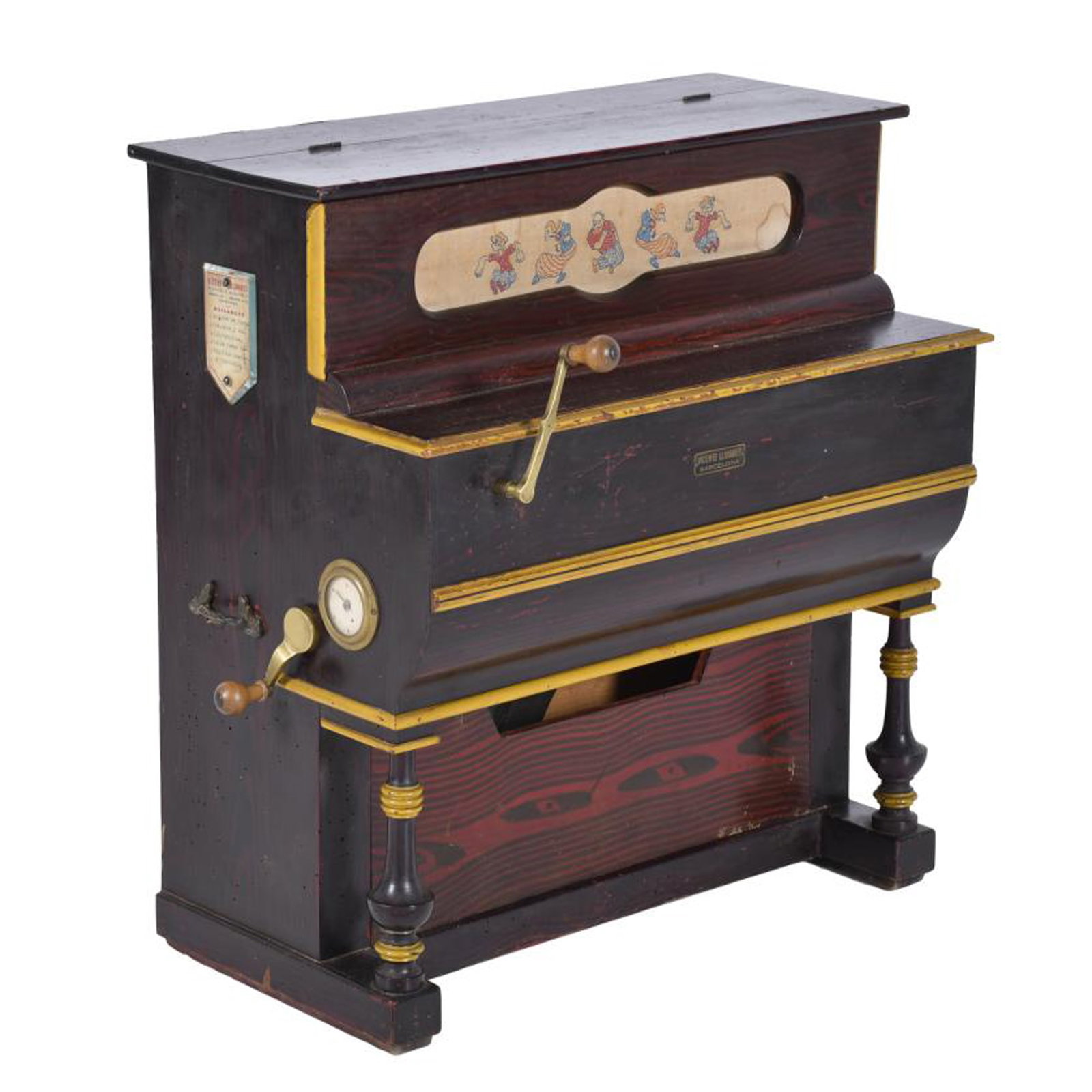 Toy barrel organ, mid 20th century.: Varnished and polychrome wood. By Vicente Linares brand from Barcelona. In working order, although it requires fine tuning. It has some small dents on the structure, marks of use and apparently inacti