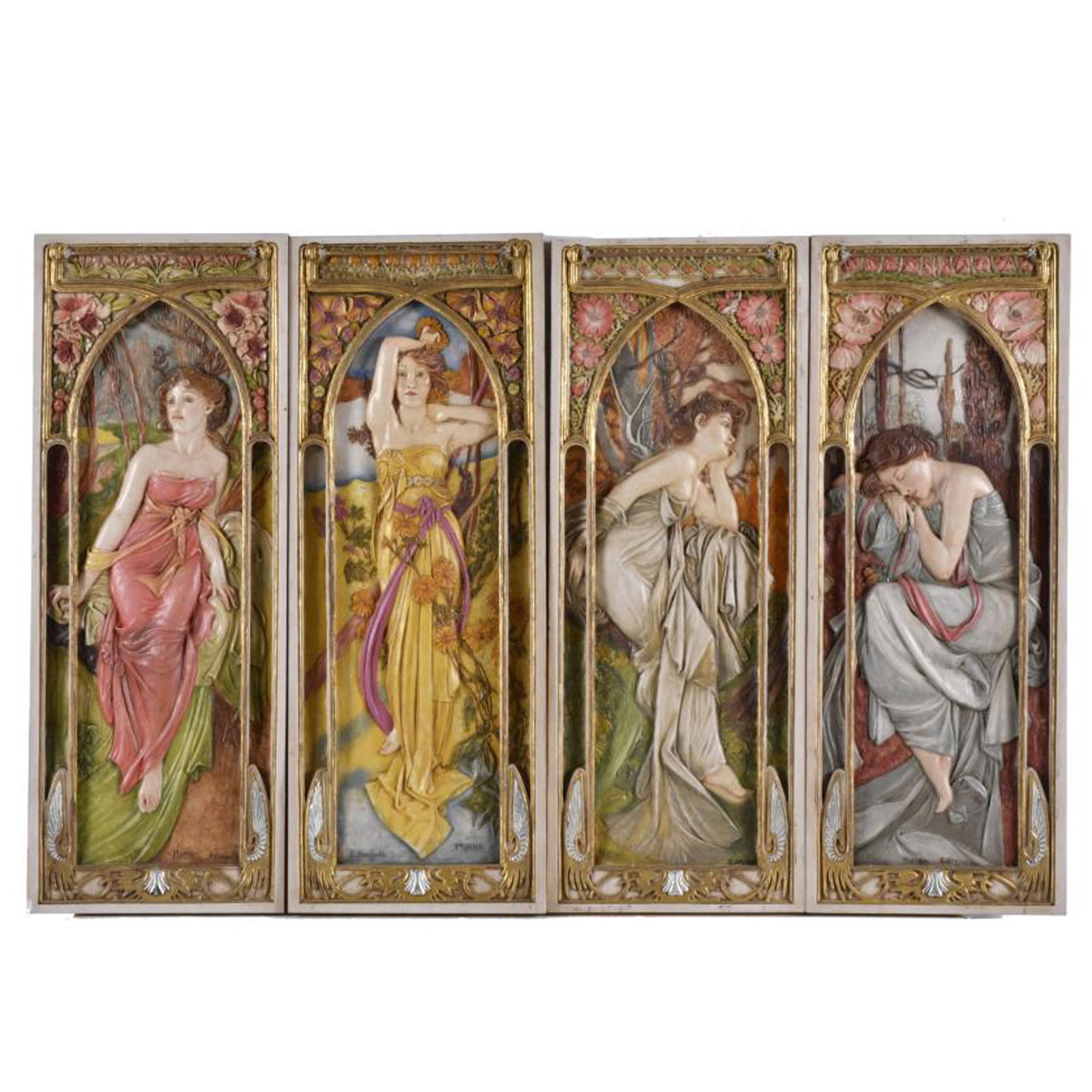 ENRIQUE OREJUDO MENDO SIGUIENDO MODELOS DE ALPHONSE MUCHA (1860-1939). Set of four Art Nouveau: Oil-painted moulded alabaster with gilt details. Allegorical depiction of ‘The Hours of the Day’ made by Mucha in 1899. 77 x 29.5 cm.
