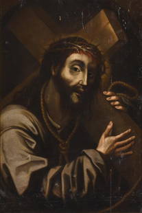 18TH CENTURY, SPANISH SCHOOL. "Christ carrying the Cross", after models by Luis de Morales.: Oil on canvas stuck to board. Paint layer with defects and interventions. The back of the board has handwriting. 81 x 54.5 cm; 105 x 79 cm (frame)