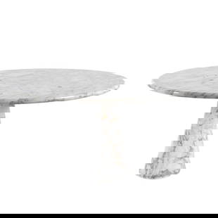 ANGELO MANGIAROTTI (1921 - 2012) FOR SKIPPER. ‘Mesa M1’ model coffee table, designed in 1969.: Made of solid Arabescato marble. Slight pinholes on the top. 72 x 130 cm diam.