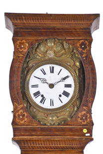 Grandfather clock, 19th century.: Polychrome and varnished pinewood case. Embossed and enamelled brass decorated machinery. Pendulum with enamelled decoration. Enamelled dial with Roman numerals. It has moisture signs and apparently i