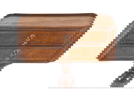 Victorian style side table, 20th century.: Mahogany wood with boxwood fillet details and varnished elm root marquetry. Cracks in the marquetry veneer and wear and tear. Occasional holes from apparently inactive woodworm. No key. Approx. 70 x 5