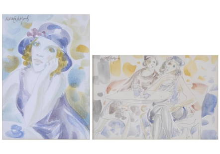 JOSEP MARIA MORATO ARAGONES (1923-2006). "GIRLS WITH A HAT".: Pair of watercolours on paper. Signed.10.5 x 15.5 cm; 27.5 x 32.5 cm (frame); 17 x 12 cm; 32.5 x 27.5 cm (frame).