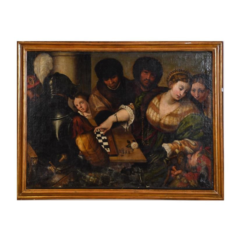 18TH CENTURY ITALIAN SCHOOL. ‘Chess game’.: Oil on canvas. After the original by Giulio Campi. Flaws on the paint layer and interventions. 78 x 105 cm; 90.5 x 117 cm (frame).
