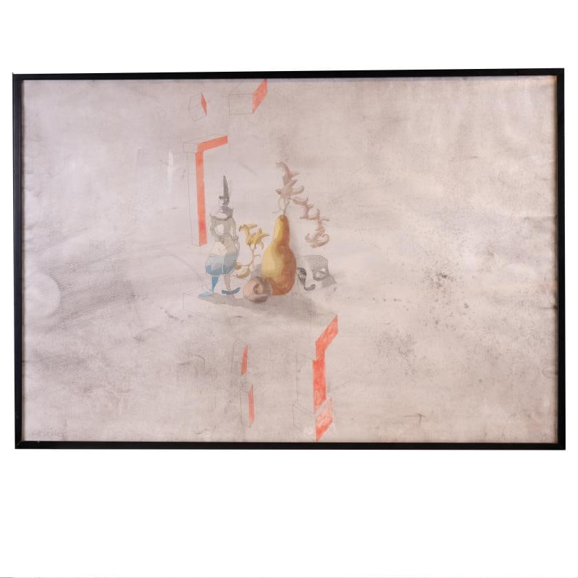 JORGE CASTILLO CASALDERREY (1933). 'La habitación del soltero', 1993.: Mixed media and watercolour on paper, Signed. On the reverse, a label of Ignacio de Lassaletta gallery with its technical details. 109 x 74.5 cm; 76.5 x 112 cm (frame).