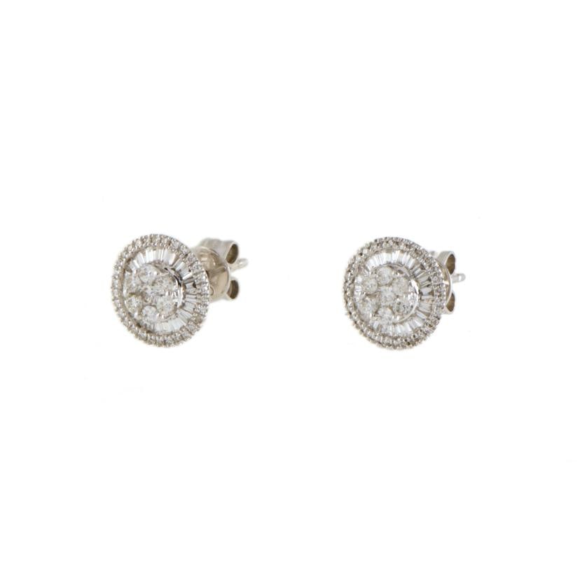 Wheel earrings with diamonds rosette.: 18 kt white gold and brilliant and baguette cut diamonds, of approx. 0.44 ct total weight.Pressure clasp.