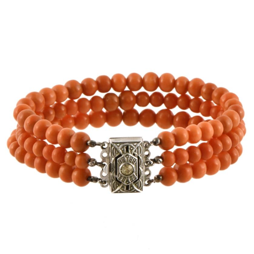 Art Deco-style bracelet with three strands of coral beads. (1 of 1)