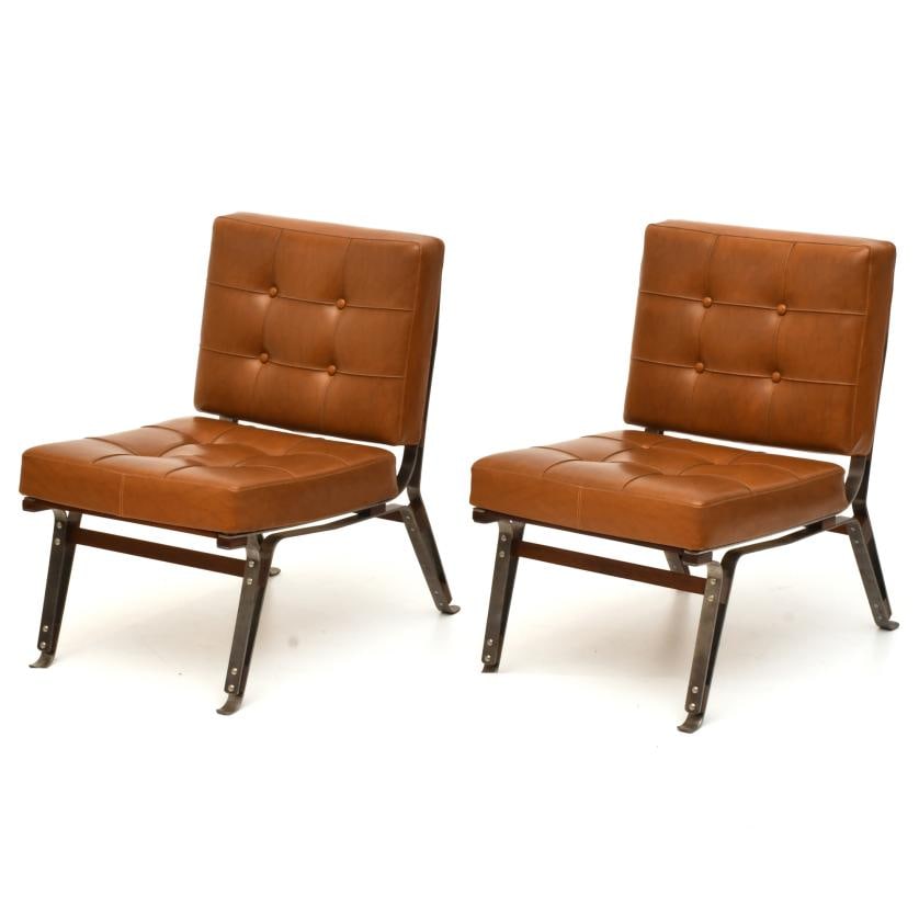 AFTER MODELS BY ICO PARISI, pair of low armcharis, circa 1950.: Camel-coloured imitation leather. Minor flaws. Approx. 74 x 50 x 70 cm.
