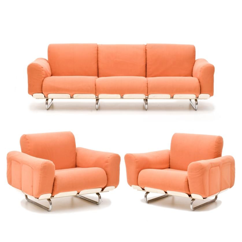 ELEONORE PEDUZZI RIVA (1939) FOR ZANOTTA. Set of ‘Senzafine’ sofa and armchairs. (1 of 6)