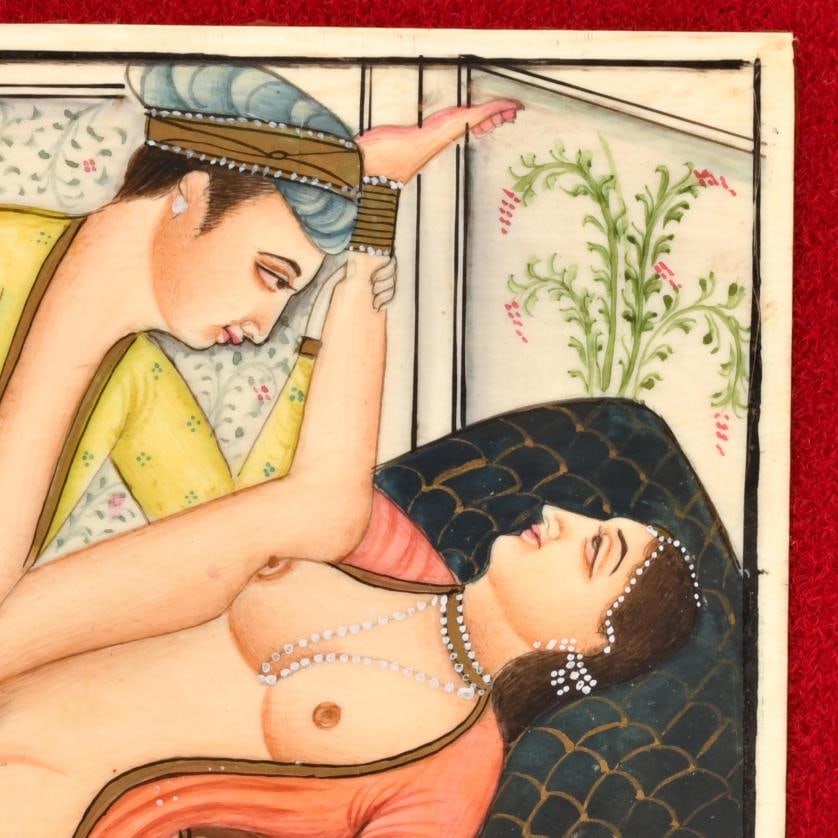 INDIAN-PAHARI SCHOOL, EARLY 19TH CENTURY. Pair of erotic illustrations.: Gouache on bone plaque. Minor flaws, 19 x 23 cm (the smallest) and 19.5 x 23.5 cm (the largest). Reference works: The British Museum. Ref. no. 1925,1126,0.1. https://www.britishmuseum.org/collection/o