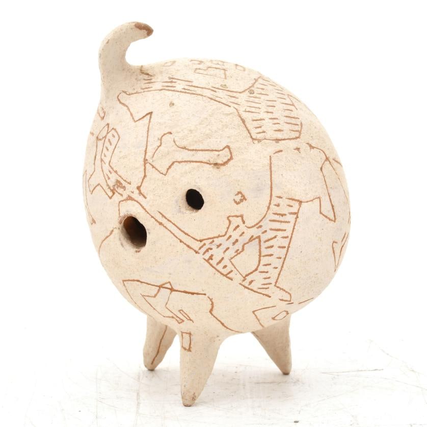 JOAN VILACASAS (1920-2007). 'Set of 3 Martians'.: Fired and painted clay. Signed. Reference literature: ‘Joan Claret i Joan Vilacasas. Donació de la Col·lecció Brigitte i Hans Robert Thomas'. Fig. Page 97. ‘Vilacasas. Planimetrías 68-70’, p