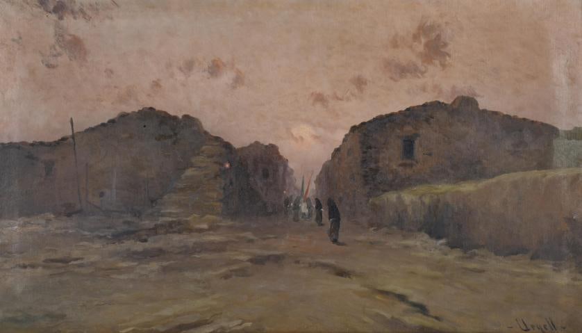 MODEST URGELL I INGLADA (1839-1919). ‘Landscape with a procession’.: Oil on canvas. Signed. It has a small tear on the canvas, as well as visible restorations on the reverse and interventions on the paint layer. 60 x 100 cm; 76 x 118 cm (frame).