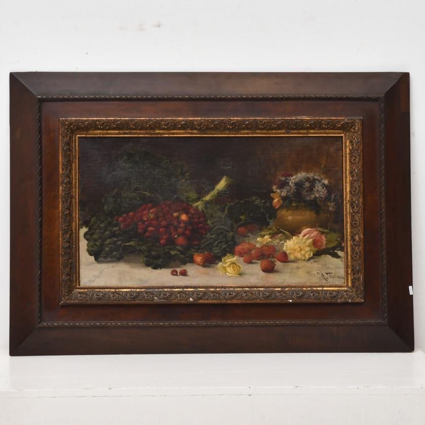 AURELI TOLOSA I ALSINA (1861-1938) 'Still life with strawberries'.: Oil on canvas. Signed. 36 x 62.5 cm; 65.5 x 94.5 cm (frame).