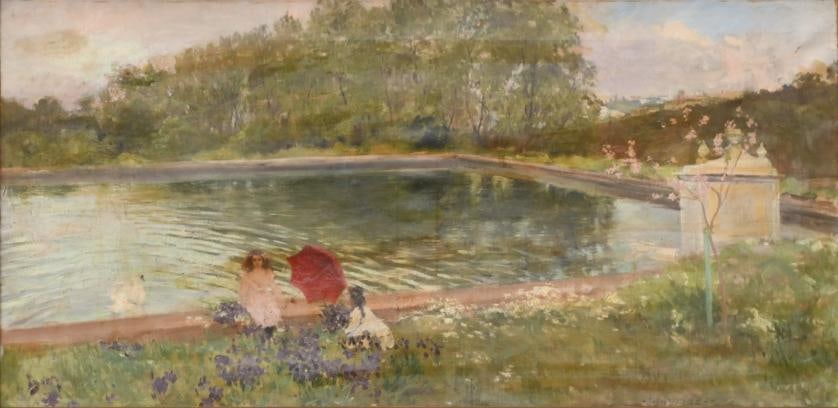 CARLOS V?ZQUEZ (1869-1944) ‘Pond with girls’. (1 of 4)