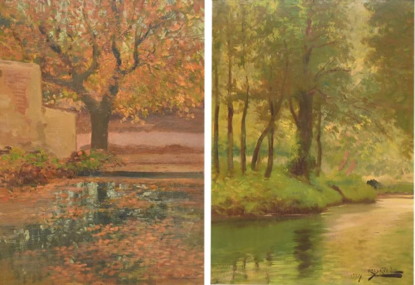 ANTONI ROS I GUELL (1873-1954) Pair of landscapes: ‘Breda, el Rieral’ and ‘Safreix’, circa: Oil on board and oil on cardboard. Signed on the front and on the back, where they are titled. 58 x 38 cm; 67 x 51.5 cm (frame). 53 x 37 cm; 67 x 51.5 cm (frame).
