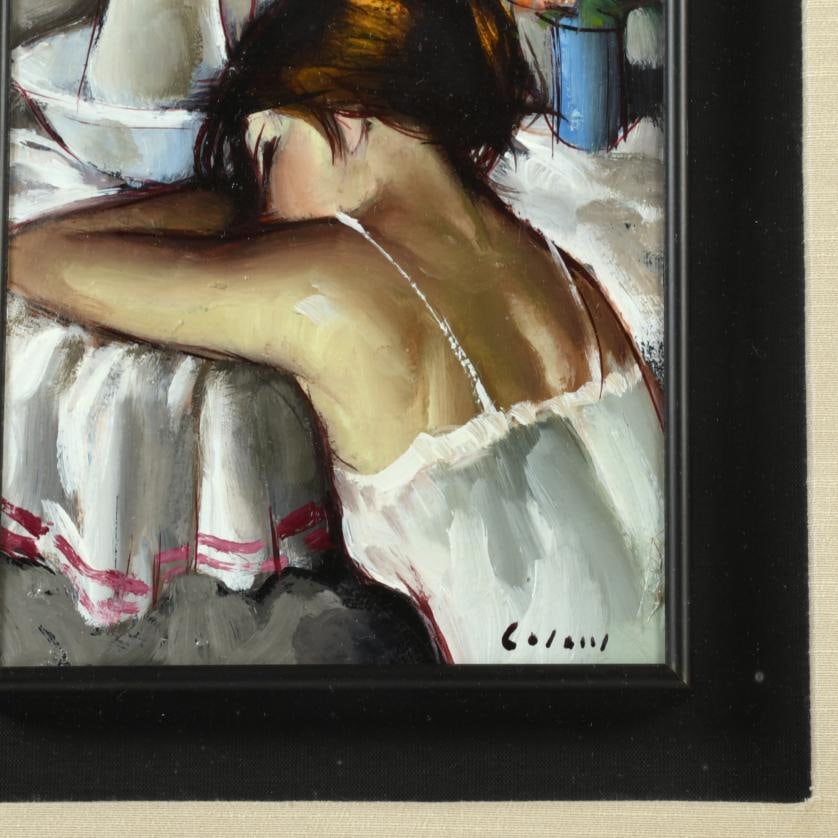 JESUS CASAUS MECHO (1926-2002). ‘Girl reclining on a table’.: Oil on board. Signed. 18 x 14 cm; 47 x 43.5 cm (frame).