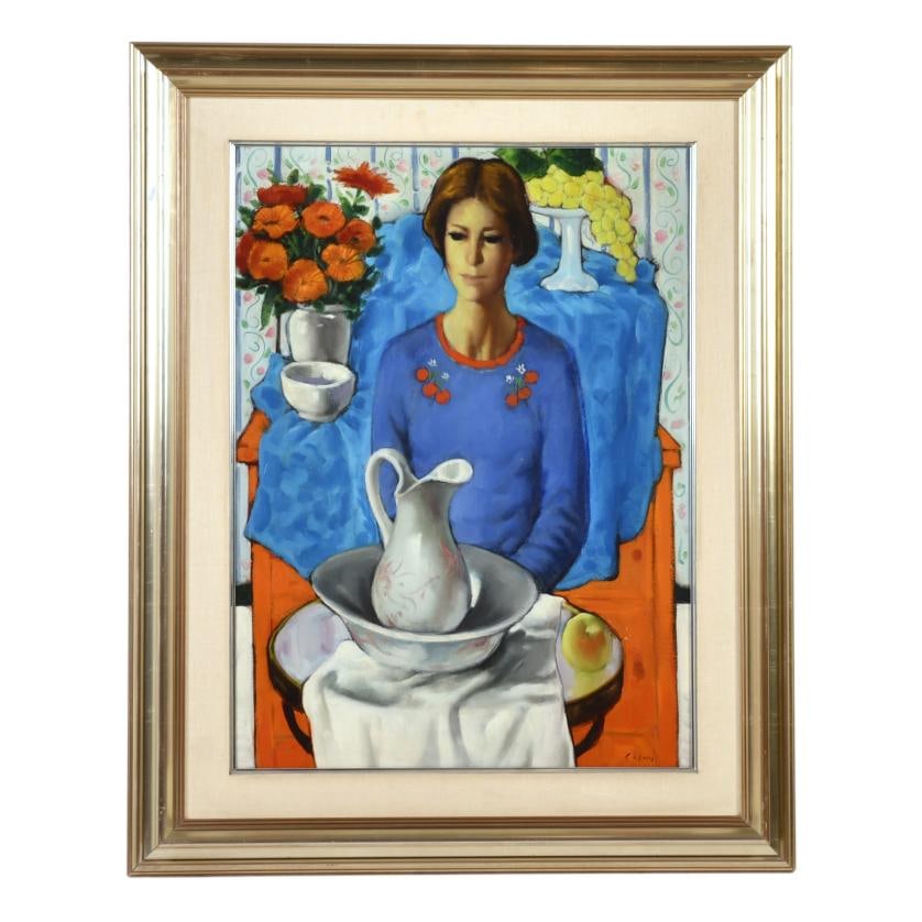 JESUS CASAUS MECHO (1926-2002). ‘Woman with a basin’.: Oil on canvas. Signed. 80 x 59 cm; 106 x 84 cm (frame).