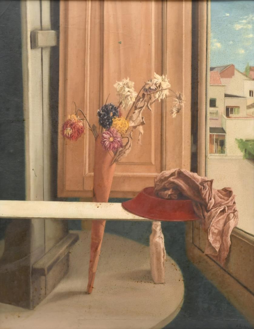 DANIEL QUINTERO (1949). 'Siena y sanguina', 1984.: Oil on board. On the back there is a label of Juan Mordó Gallery, with the technical details, as well as a label of Sala Retiro. Signed on the front and back, where it is titled and dated. 63 x 50 cm