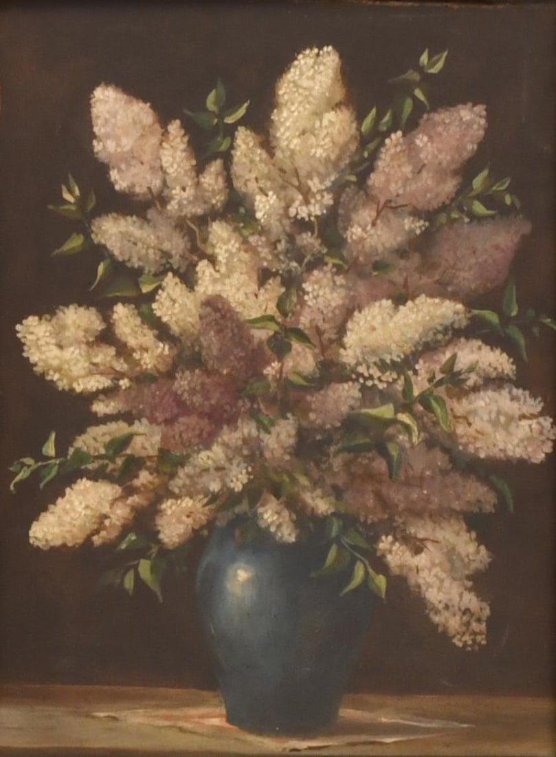 EARLY 20TH CENTURY SPANISH SCHOOL. 'Still life with blue flowers vase'.: Oil on hardboard. 23.5 x 17.5 cm; 33 x 26 cm (frame).