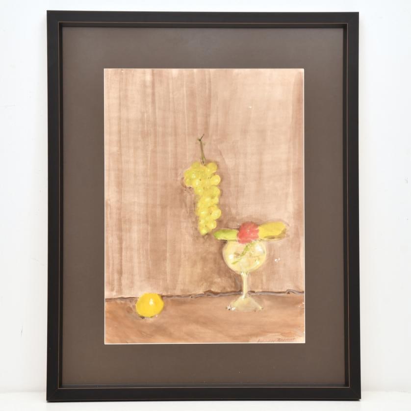 SALVADOR MORENO (1916-1999). ‘Still life with a glass and grapes’.: Watercolour on paper. Signed. 63.5 x 46 cm; 91 x 72.5 cm (frame).