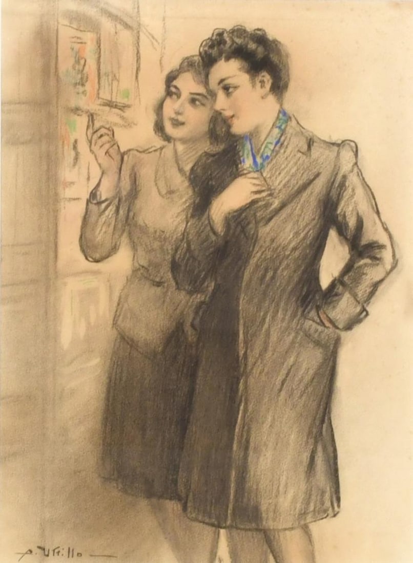 ANTONI UTRILLO VIADERA (1867-1944) 'Girls'.: Crayons on paper. Signed. PAper with foxing. 45 x 33 cm; 65 x 53 cm (frame).