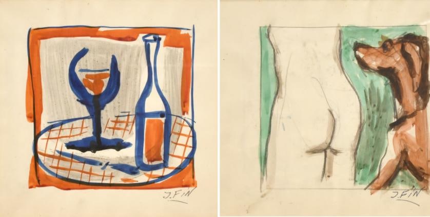 JOSE VILATO RUIZ, 'FIN' (1916-1969). ‘Still life’ and ‘Nude and Dog’, drawn on both sides of: Markers, crayons, watercolour and charcoal on paper. Signed. Double window frame, so that both works can be seen depending on how it is hung. 21 x 21 cm; 39 x 39 cm (frame).