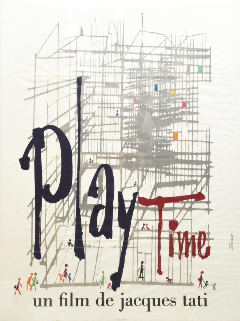 Original poster of the film ‘Play Time’ by Jacques Tati.: Offset printing. It has folds marks and minor flaws. 159 x 118 cm; 122 x 163 cm (frame).