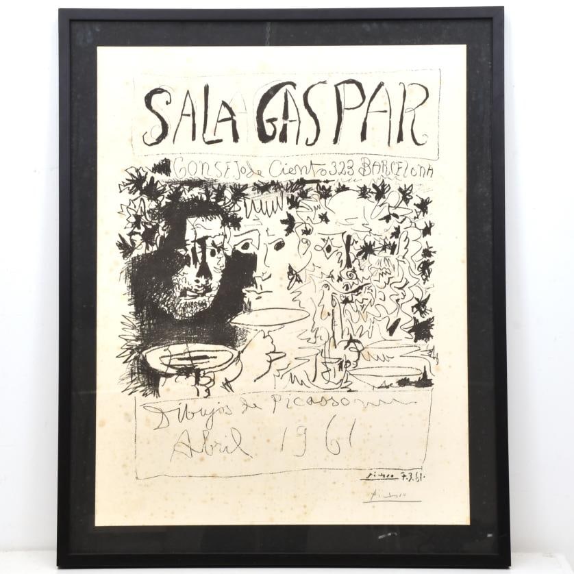PABLO PICASSO (1881-1973). Poster for the exhibition 'Drawings by Picasso' held at Sala Gaspar,: Lithograph on paper. Signed and numbered by hand. 10/50. The paper has foxing stains. Provenance: Sala Gaspar. 82.5 x 63.5 cm; 96 x 76.5 cm (frame).