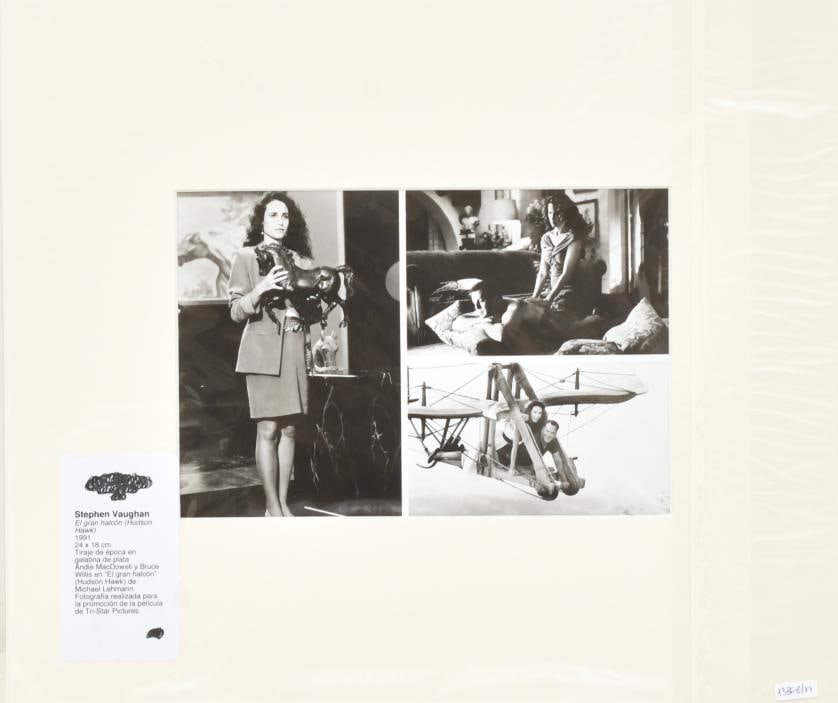 Stephen Vaughan. Hudson Hawk. 1991.: Vintage silver gelatin print. Andie MacDowell and Bruce Willis in Michael Lehmann's ‘Hudson Hawk'. Photograph taken for the promotion of the Tri-Star Pictures film. 18 x 24 cm (photo).