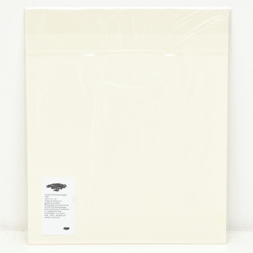 Arnold Schwarzenegger. 1991.: Vintage silver gelatin print. Promotional photograph of Arnold Schwarzenegger for the film 'Terminator 2: Judgement Day', directed by James Cameron. 21 x 16.5 cm (photo).