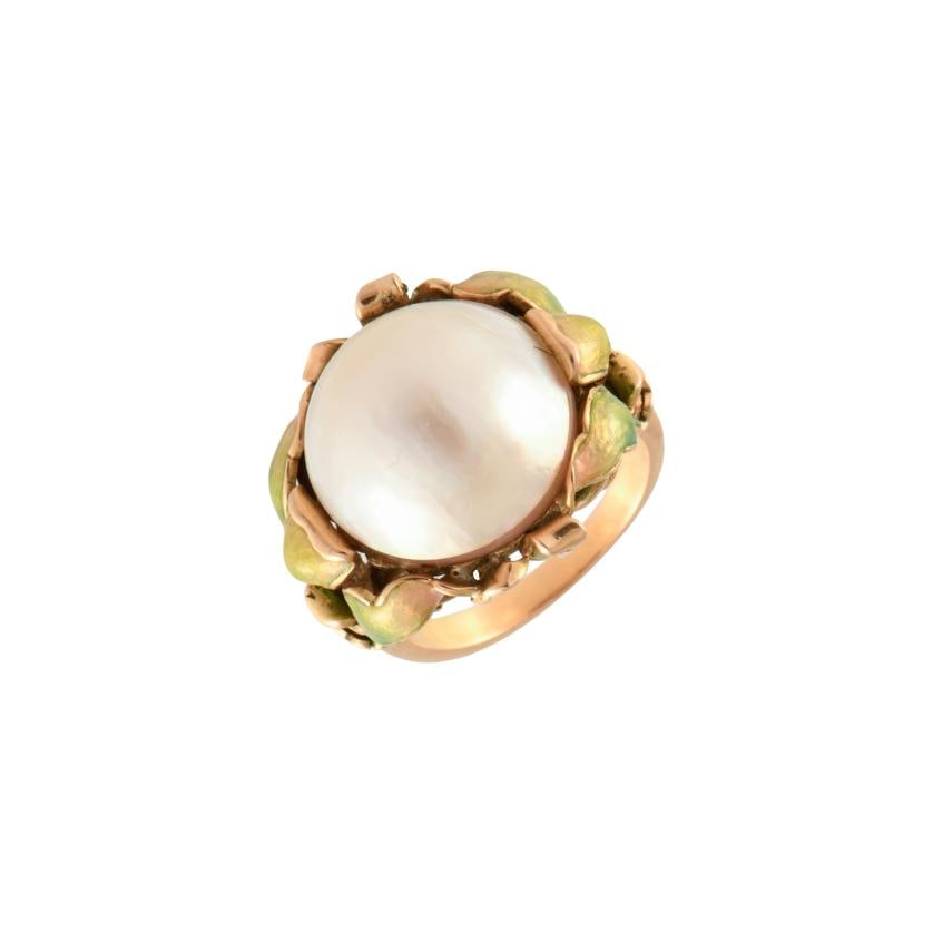 Modernist floral ring with mabé pearl and enamels. (1 of 2)
