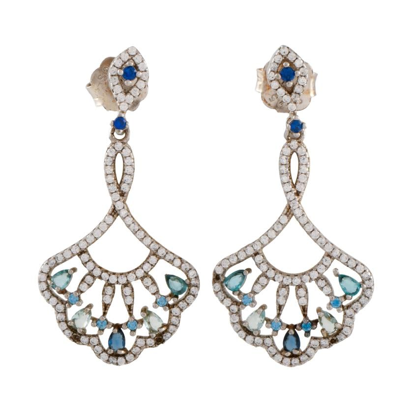 Fan-shaped earrings with coloured gemstones.: 925 silver. Carabiner clasp.