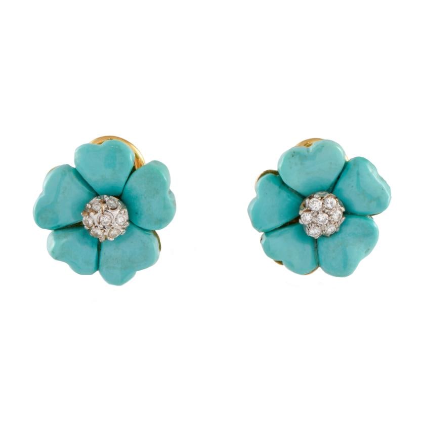 Flower-shaped earrings with turquoises and diamonds. (1 of 2)