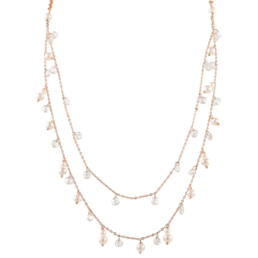 Necklace with imitation pearl and zircons.: Over-gilded rose 925 silver. With links chain and carabiner clasp. Length when closed: 27 cm.