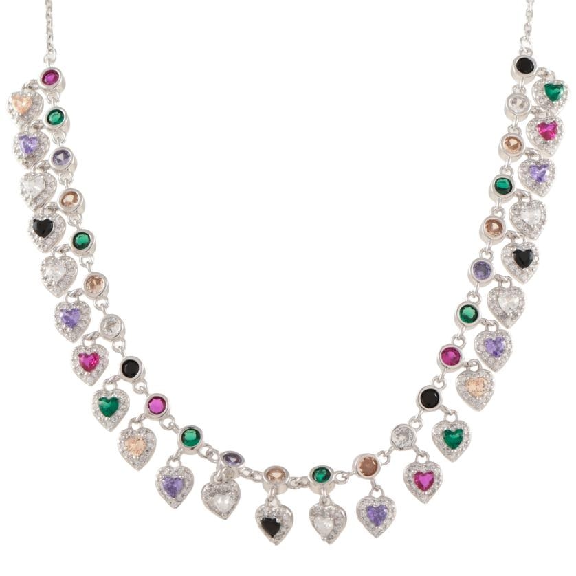 Choker with heart-shaped pendants and multicoloured glass.: 925 silver. Necklace with links chain and carabiner clasp. Length when closed: 22 cm.