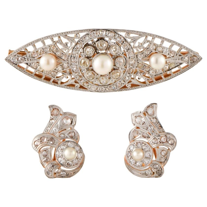 Art Deco brooch and earrings set with pearls and diamonds. (1 of 2)