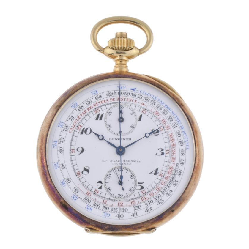 LONGINES, pocket watch with tachymeter.: 18kt yellow gold case of 51 mm with two lids. Hallmark and stamp of the brand. Manual winding movement, with seconds dial at 6 o'clock, chronograph with minute hand at 12 o'clock. Arabic numerals. In