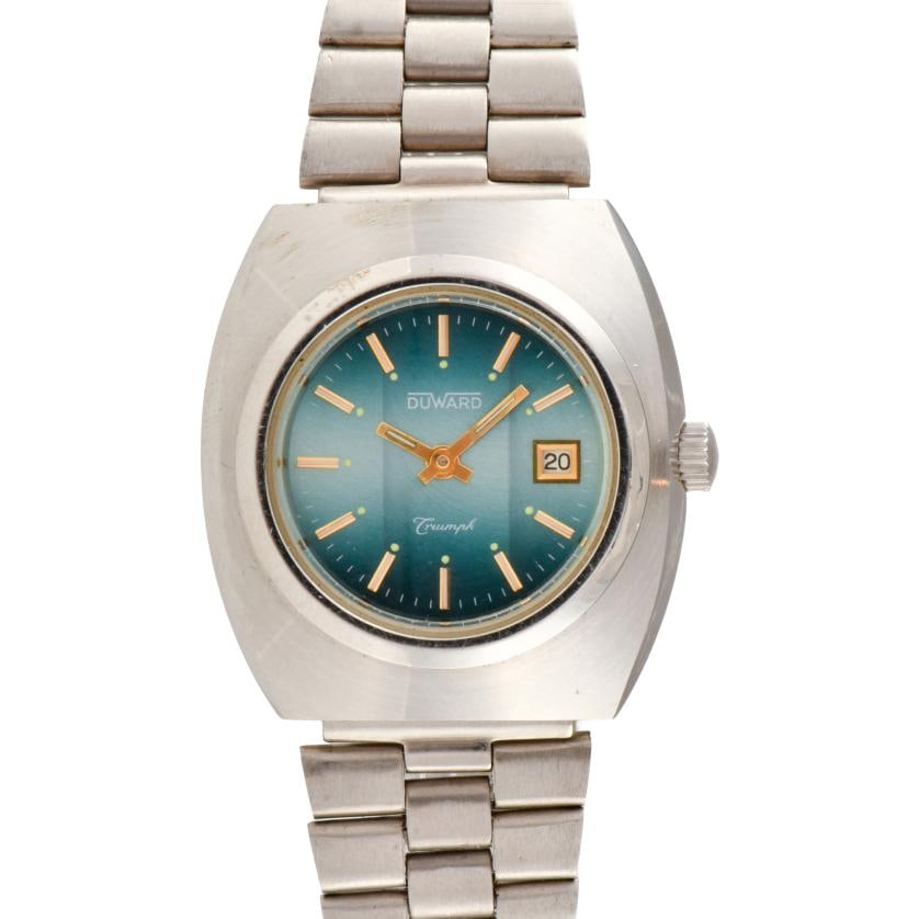 DUWARD. Triumph. Wristwatch.: Steel case of 30 mm.Original steel watchband. Manual winding movement. Calendar at three. In running order at the time of cataloguing.