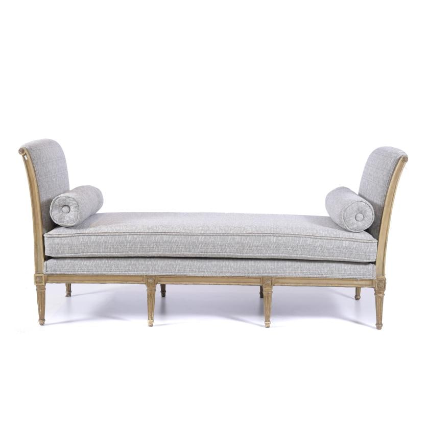 LOUIS XVI DIVAN, CIRCA 1780 - 1790.: Lacquered and polychrome wood. Upholstered in draped fabric from a later period. 195 x 65 x 90 cm.