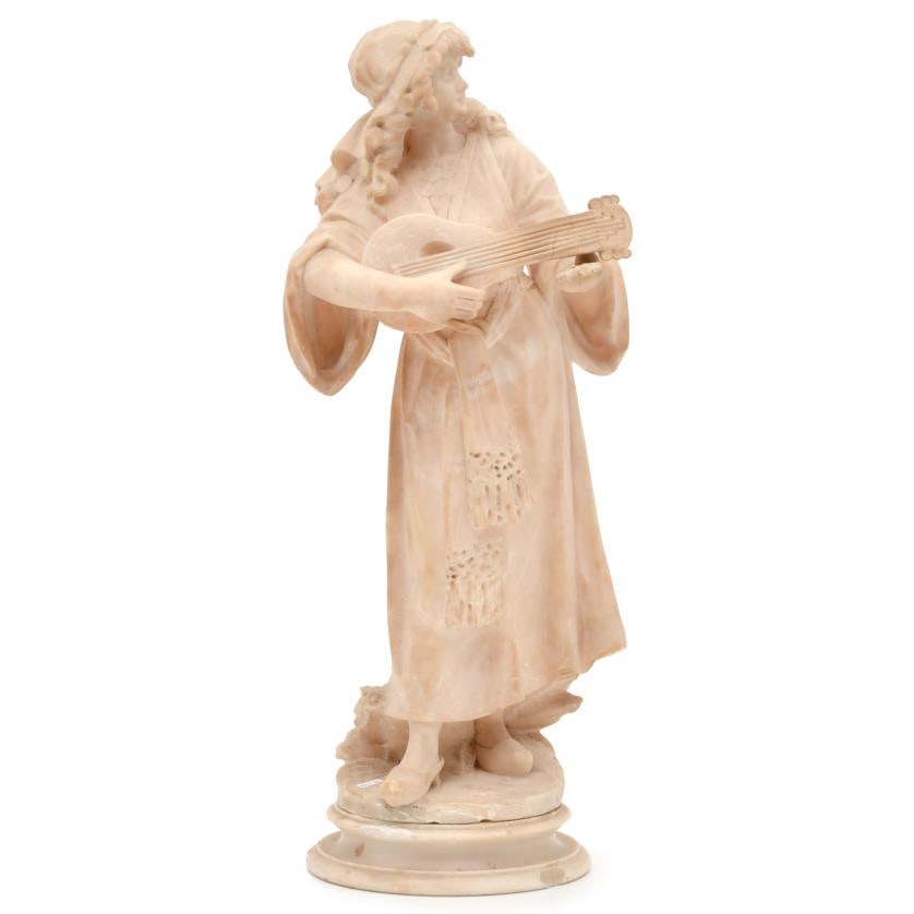 Personification of music in the shape of a courtier woman.: Alabaster. It has some flaws, and the fingers of the left hand are missing. 59.5 x 25 x 20 cm approx.
