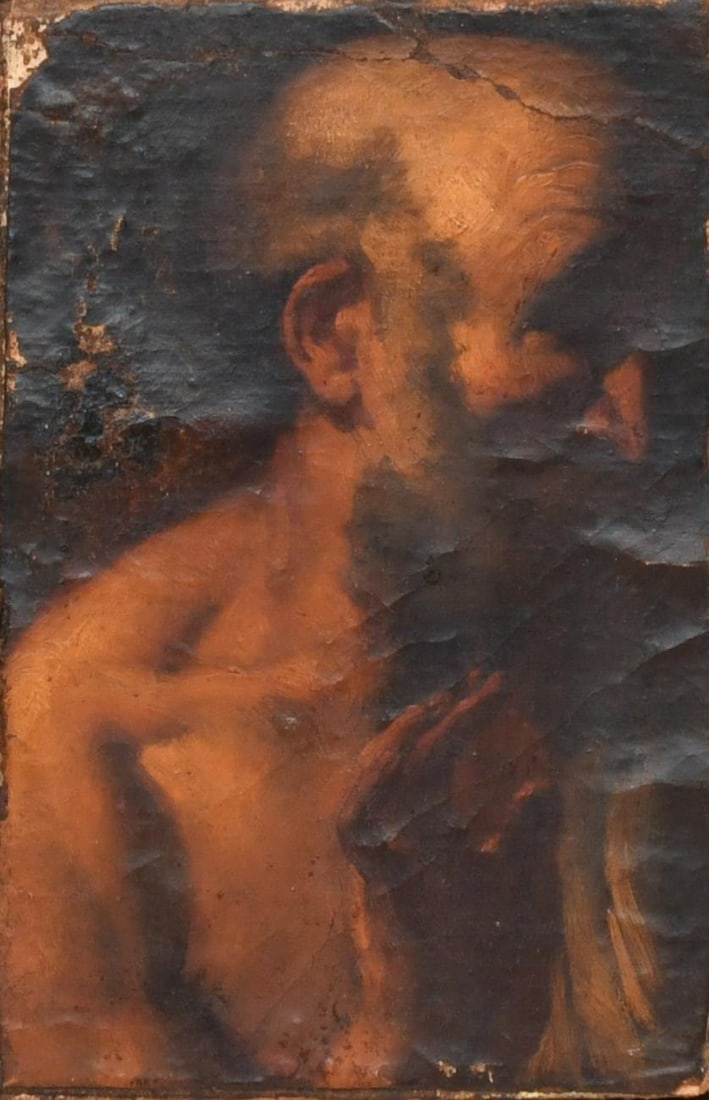 PROBABLY 17TH CENTURY SPANISH SCHOOL. "Male Portrait - Saint Jerome".: Paint layer visibly deteriorated. 24 x 15.5 cm; 50 x 37.5 cm (frame).