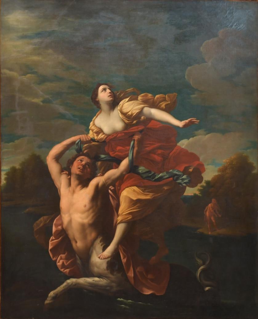 18TH-19TH CENTURIES ITALIAN SCHOOL. "The Rape of Deianira", based on the original by Guido Reni: Oil on canvas. The work has been relined; the original canvas was restored after several tears that are still visible. The paint layer has undergone interventions. 135 x 109 cm; 154.5 x 127 cm (framed