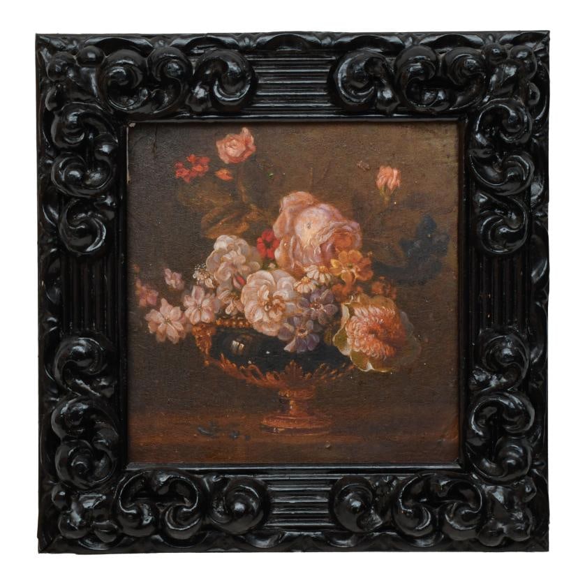 18TH-19TH CENTURY SCHOOL. 'Still life with flowres'.: Oil on board. The paint layer has cracks. 22.5 x 21 cm; 32 x 31.5 cm (frame).