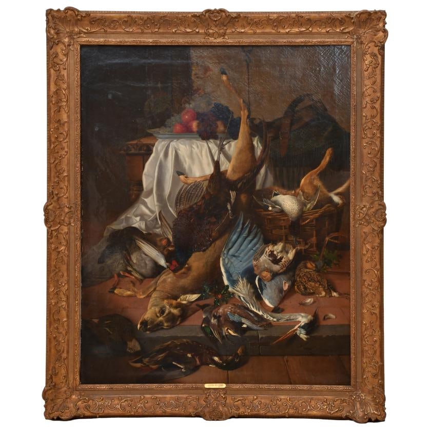 19TH CENTURY ENGLISH SCHOOL. "Hunting still life".: Oil on canvas. It comes with documentation by Luis Monreal, who attributes it to an English painter named Joseph Robinson. The paint layer has slight losses and there is a visible tear of the canvas.