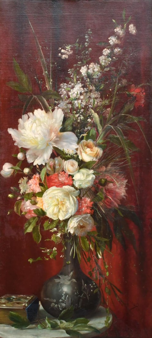 RICARD MARTI AGUILO (1868-1936) "Floral still life".: Oil on canvas. Signed. The paint layer has a small loss and the work has been relined. The frame has some flaws. 110 x 50 cm; 138 x 77 cm (framed).